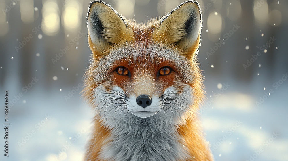 Fototapeta premium Red fox face on snow-covered ground Trees in background