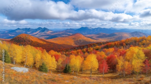 Autumn colors paint Adirondack High Peaks. Forests of vibrant yellows reds, oranges cover mountain slopes. Scenic view from high elevation shows layered mountain ranges. Panorama of fall beauty in photo