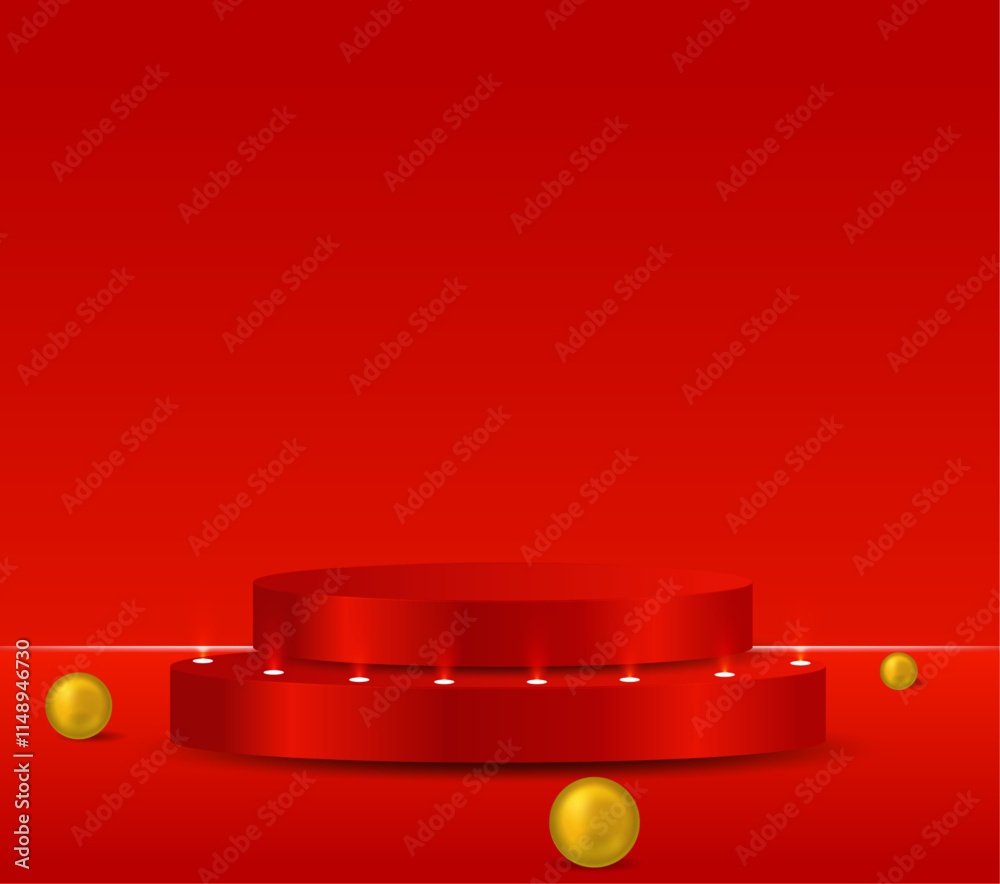 Red studio room background. 3D abstract studio room with pedestal podium. Space for selling products on the website. Empty room with light effect. Business backdrop. Vector illustration.