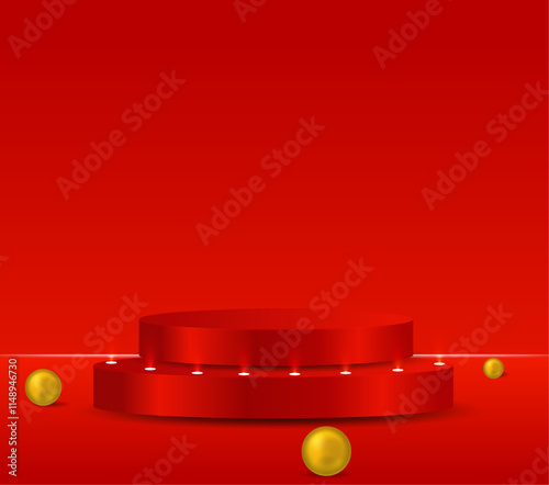 Red studio room background. 3D abstract studio room with pedestal podium. Space for selling products on the website. Empty room with light effect. Business backdrop. Vector illustration. photo