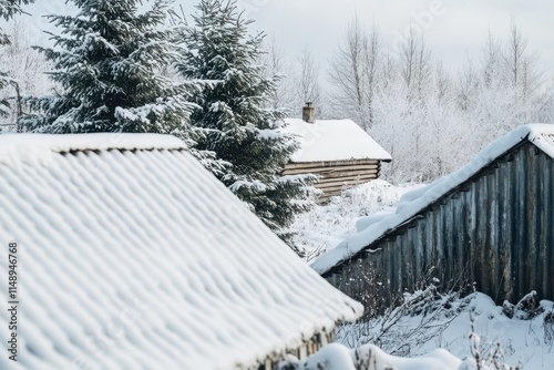 Snowy spruce trees and part of a snow covered roof beside an old potato cellar on a grey winter day Rustic cellar in frost photo