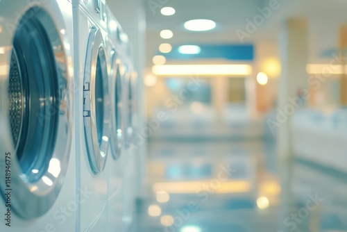 Soft focus backdrop of approved laundromats in a public space illustrating a self service laundry facility photo