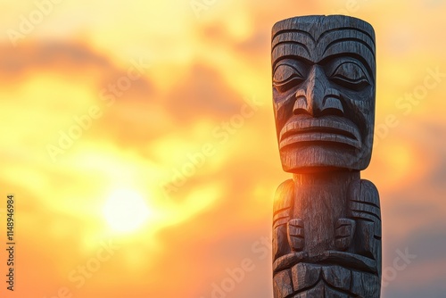 Solitary totem pole against a golden sunset