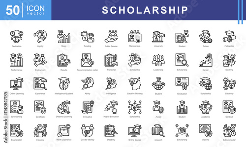 Scholarship icon collection set. Containing financial aid, tuition assistance, grant, fellowship, award, bursary, stipend icon. Simple vectors illustration.