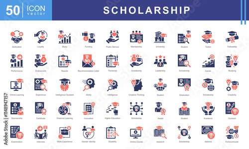 Scholarship icon collection set. Containing financial aid, tuition assistance, grant, fellowship, award, bursary, stipend icon. Simple vectors illustration.