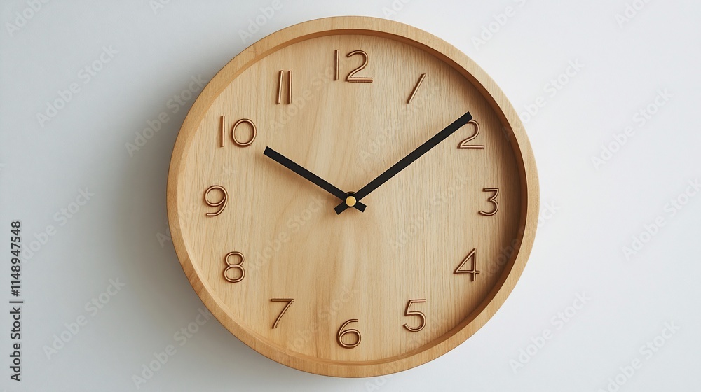 A wooden wall clock displaying numbers and hands for timekeeping. A wooden wall clock displaying numbers and hands for timekeeping.
