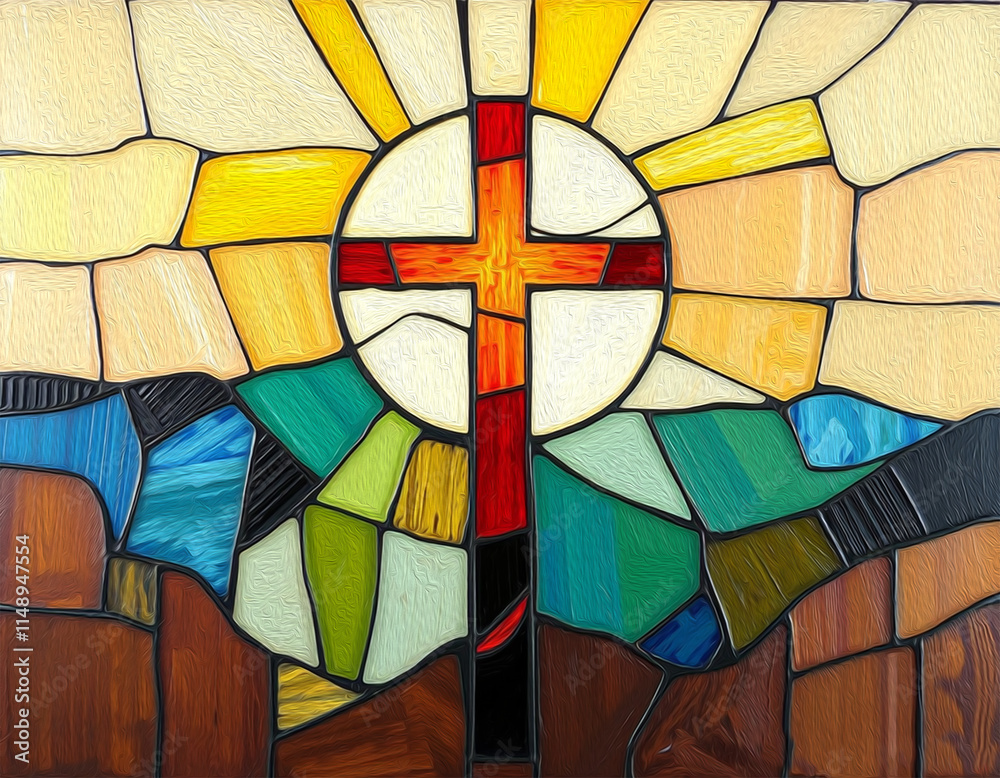 Fototapeta premium Cross . Colorful stained glass window. Multicolored interior design template. Oil painting