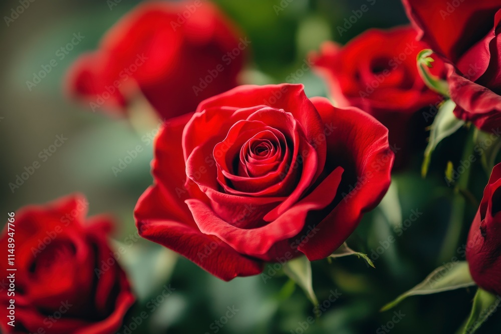 Beautiful Red Roses Close-Up with Soft Focus and Green Background Showcasing Romantic Floral Arrangement Perfect for Love and Celebration Themes Beautiful Red Roses Close-Up with Soft Focus and Green Background Showcasing Romantic Floral Arrangement Perfect for Love and Celebration Themes