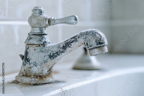 Stained faucet with limescale in bathroom shallow focus photo