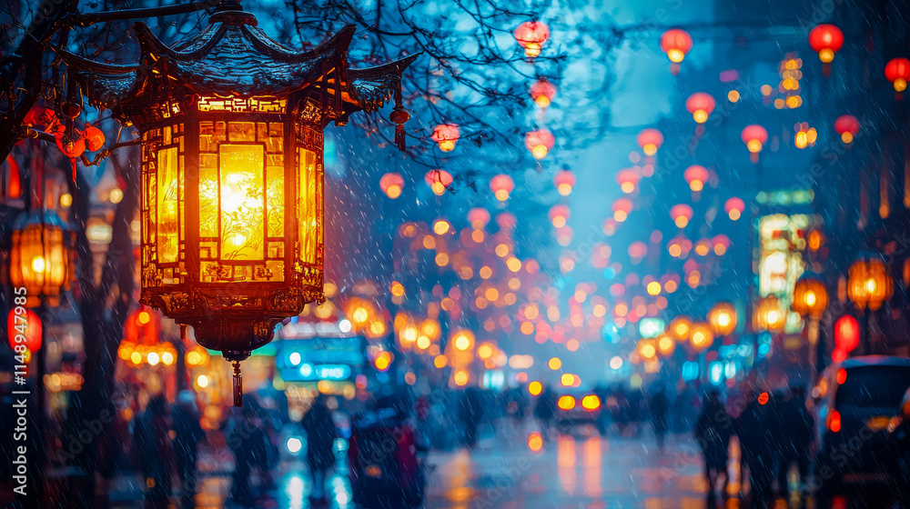Naklejka premium Traditional lanterns illuminate rainy asian street at night