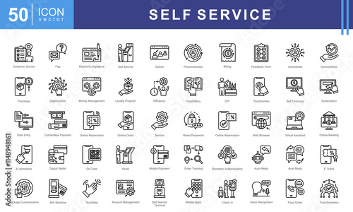Self service icon collection set. Containing automation, kiosk, convenience, digitalization, customer centric, user friendly, DIY icon. Simple vector illustration.