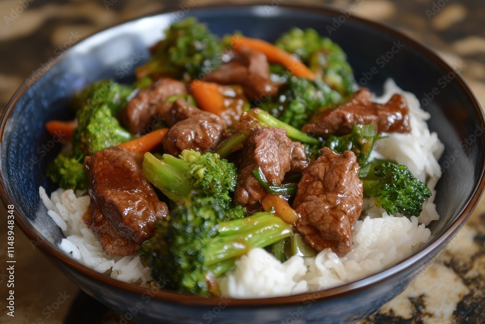 Stir fried ginger beef served with rice and vegetables Stir fried ginger beef served with rice and vegetables
