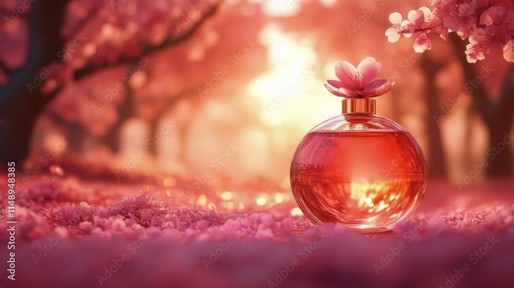Elegant glass perfume bottle surrounded by delicate pink blossoms on a blue background Elegant glass perfume bottle surrounded by delicate pink blossoms on a blue background