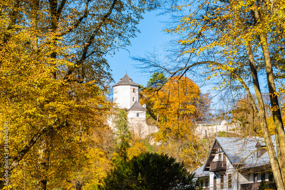 View of castle in autumn fall colors of trees in Ojcow National Park, Poland