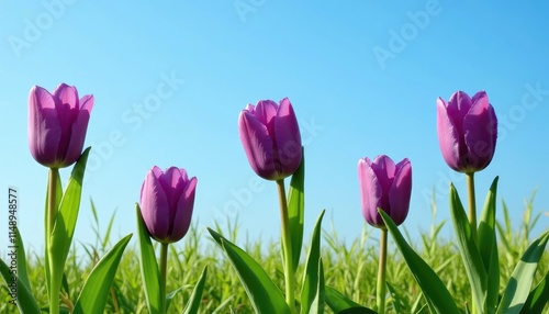 Colorful purple tulips blooming in a sunny field under clear blue sky