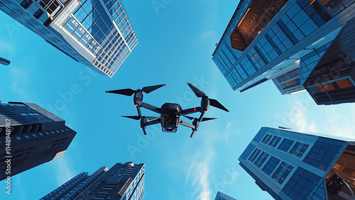 Futuristic Drone Technology Abstract. Digital wireframe of drones flying, blue neon glow. olygonal low poly background with connecting dots and lines. Futuristic digital low poly 3d drone flying. photo