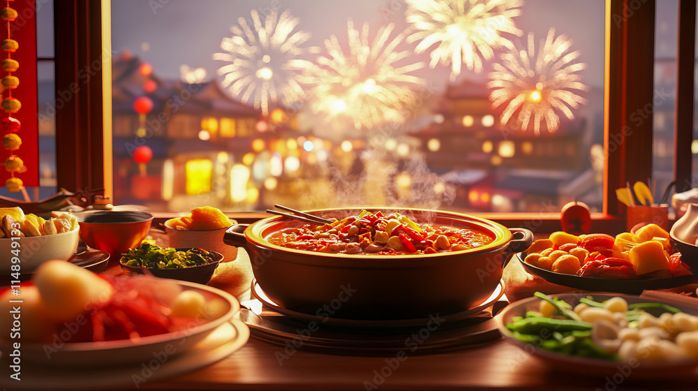Festive asian hot pot dinner with fireworks in background during celebration night Festive asian hot pot dinner with fireworks in background during celebration night