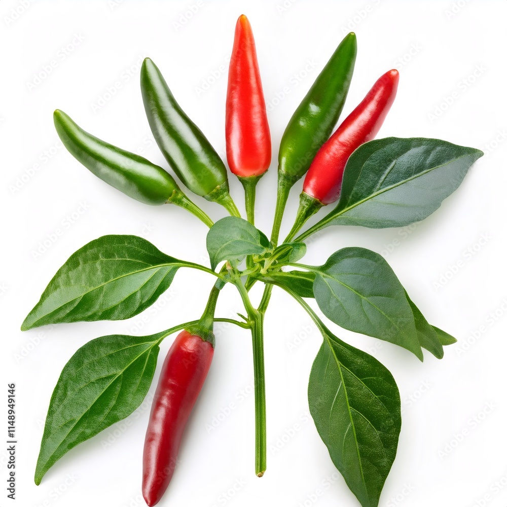 Chili pepper plant with red and green peppers and bright green leaves, isolated on a white background, ideal for food and cooking projects