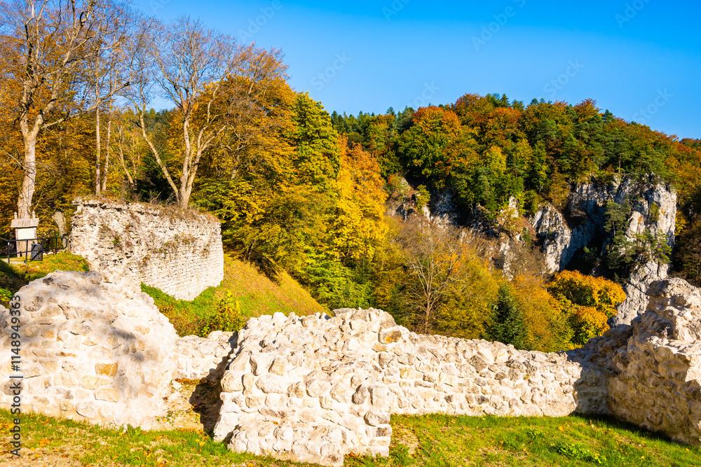 Ruins of old castle in autumn fall colors of trees in Ojcow National Park, Poland