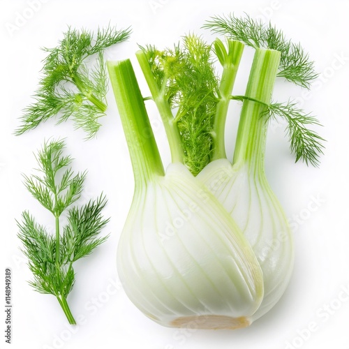 Fresh fennel bulbs displaying crisp green stems and delicate feathery fronds resting against pristine white surface photo