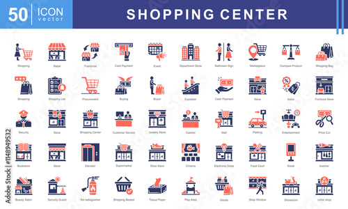 Shopping Center icon collection set. Containing destination, retail park, cashier, basket, buyer, strip mall, shelf icon. Simple vectors illustration.