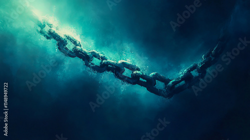 Submerged chain in deep blue oceanic depths with light rays photo