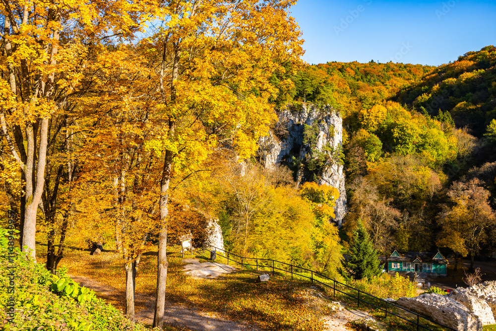 Viewpoint terrace in castle park with autumn fall colors of trees in Ojcow National Park, Poland