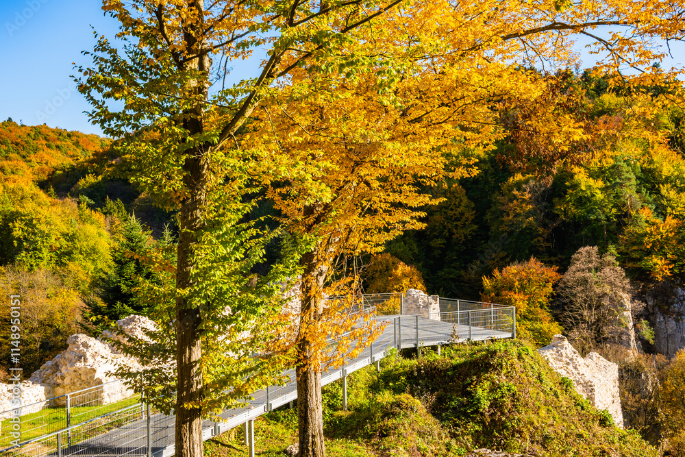 Viewpoint platform in castle park with autumn fall colors of trees in Ojcow National Park, Poland Viewpoint platform in castle park with autumn fall colors of trees in Ojcow National Park, Poland