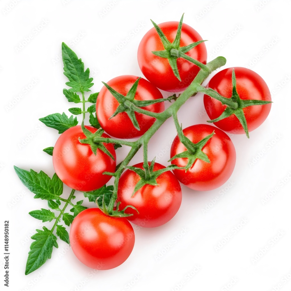 Ripe red tomatoes dangling from vine, vibrant green foliage framing plump produce against crisp white backdrop Ripe red tomatoes dangling from vine, vibrant green foliage framing plump produce against crisp white backdrop