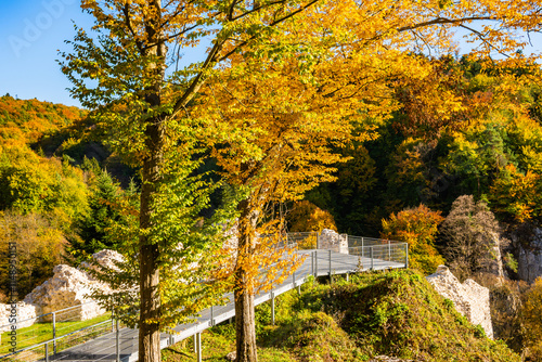 Obraz na płótnie Viewpoint platform in castle park with autumn fall colors of trees in Ojcow National Park, Poland w salonie