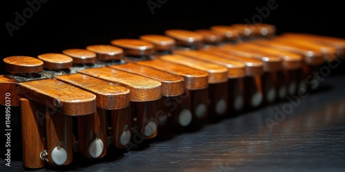 Close-up image of a traditional wooden percussion instrument showing detailed craftsmanship with a focus on cylindrical resonators and reflective surface details enhancing the visual appeal