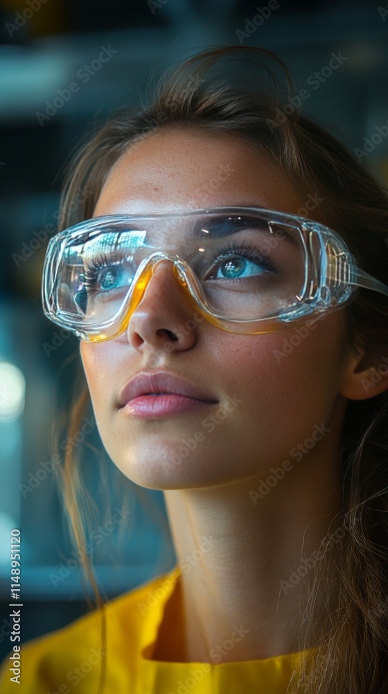 Young woman wearing safety glasses while focusing on a project in a workshop environment Young woman wearing safety glasses while focusing on a project in a workshop environment