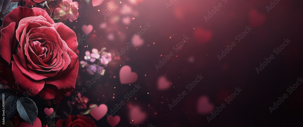 Romantic red roses and hearts create a dreamy background for love and celebration Romantic red roses and hearts create a dreamy background for love and celebration