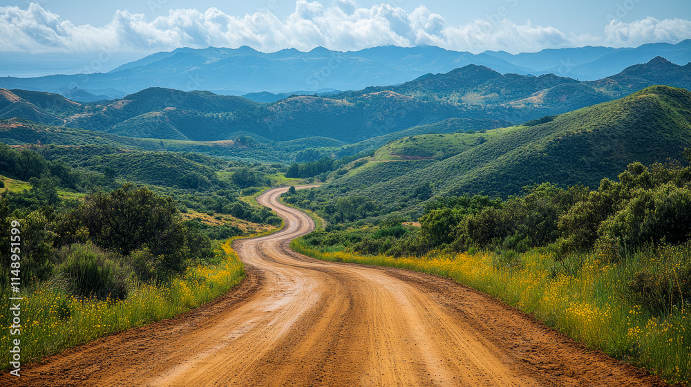 Serene dirt road winding through lush green hills and majestic mountains under a cloudy sky Serene dirt road winding through lush green hills and majestic mountains under a cloudy sky