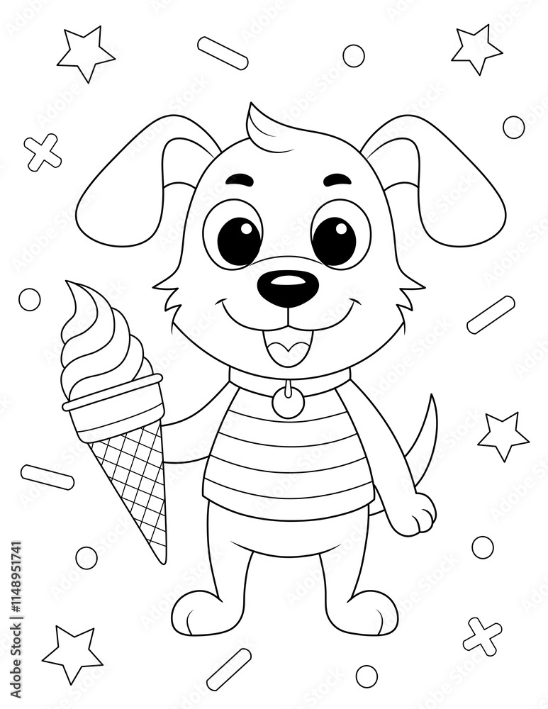 cartoon dog with ice cream cone, fun coloring page for kids and adults ...