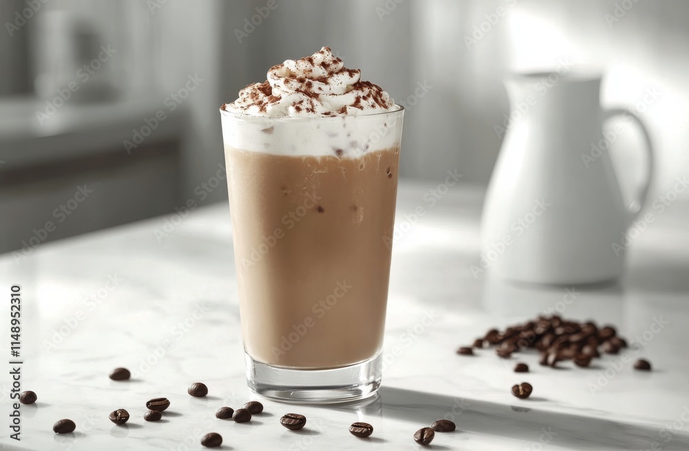 Iced coffee topped with whipped cream and chocolate sprinkles in a bright kitchen setting Iced coffee topped with whipped cream and chocolate sprinkles in a bright kitchen setting