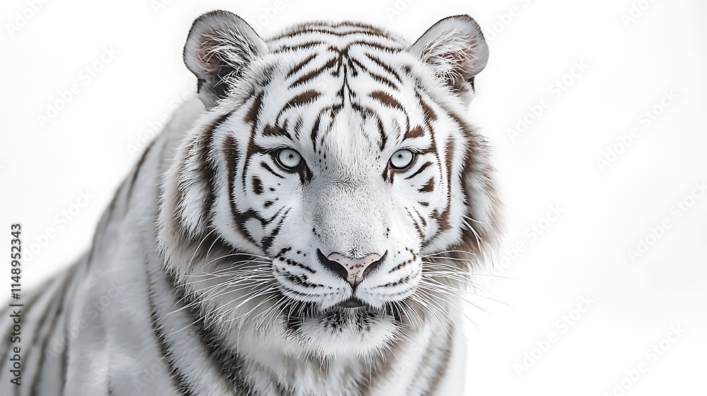 Fototapeta premium Close-up portrait of a majestic white tiger against a pure white background.