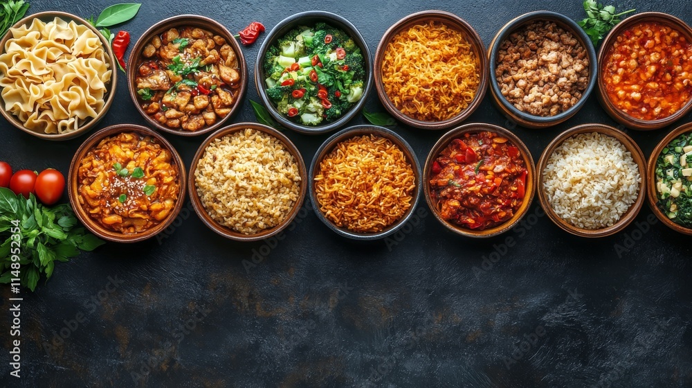 Diverse array of dishes presented in bowls on a dark surface at a vibrant food gathering Diverse array of dishes presented in bowls on a dark surface at a vibrant food gathering