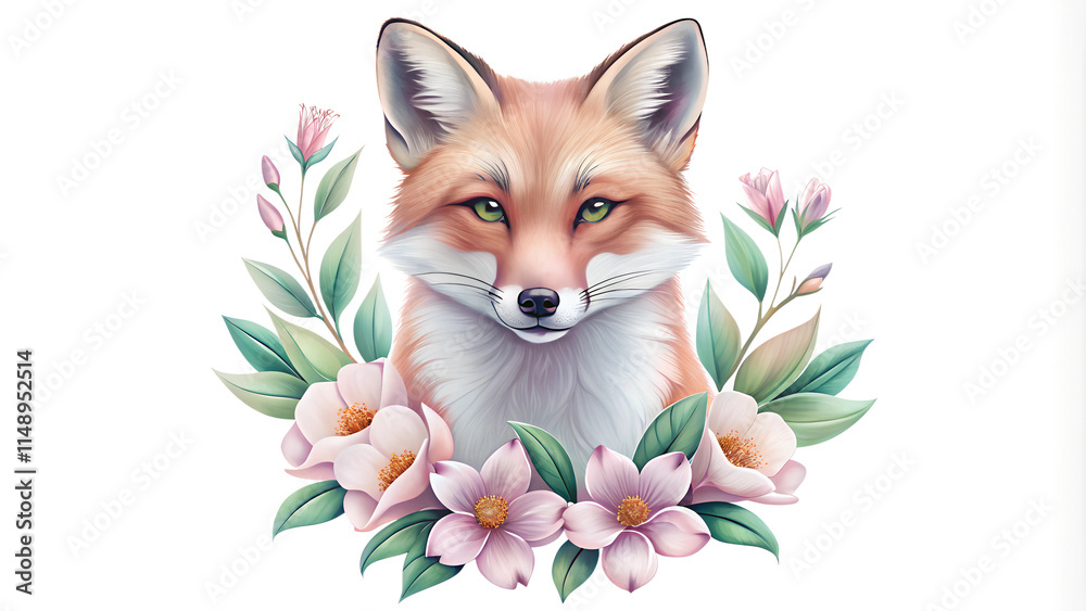 Fototapeta premium Illustrative Fox with Floral Surrounding Artwork in Charming Style, Soft Pastel Tones, Symbolizing Wisdom and Beauty
