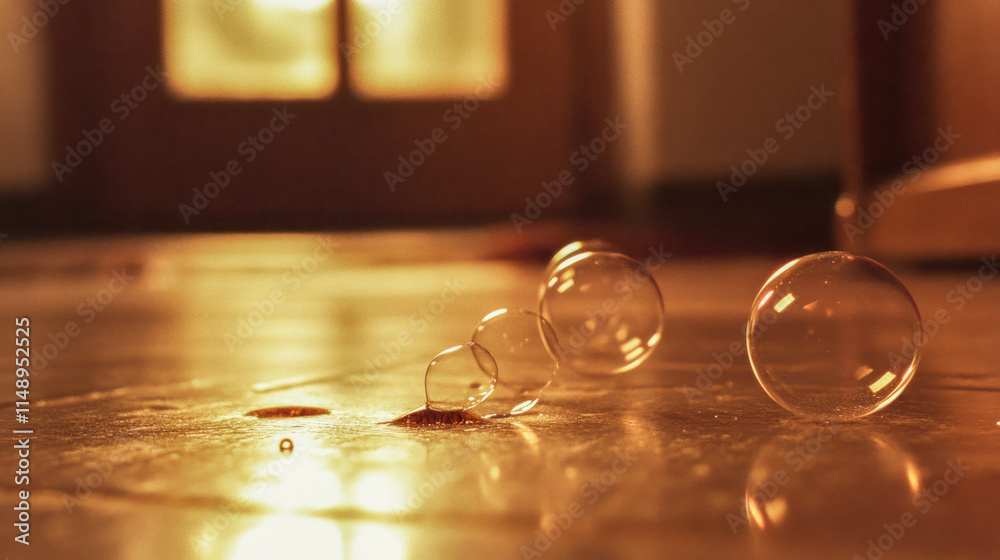 Captivating bubbles glowing on warm wooden floor in ambient light Captivating bubbles glowing on warm wooden floor in ambient light