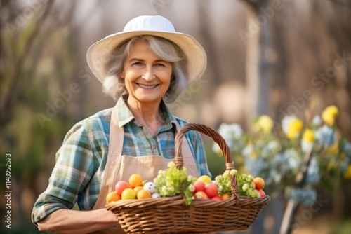 Happy senior woman with basket of vegetables in the garden at springtime photo