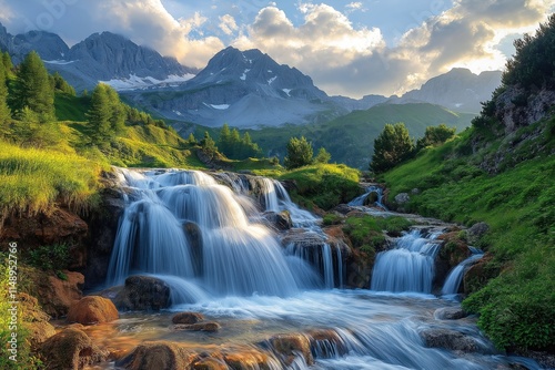 Scenic mountain waterfall cascading over rocks. Tranquil flowing water in natural landscape. Rich green vegetation surrounds waterfall. Majestic mountains in background. Peaceful serene nature. Ideal