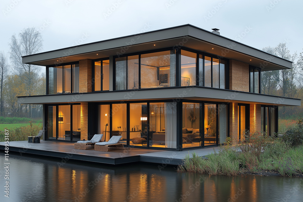 Fototapeta premium Vue Extérieure d’une Maison Moderne au Bord de l’Eau avec Fenêtres du Sol au Plafond, Design Épuré, Terrasse Spacieuse et Mobilier Extérieur, Mélange Parfait de Luxe et Nature