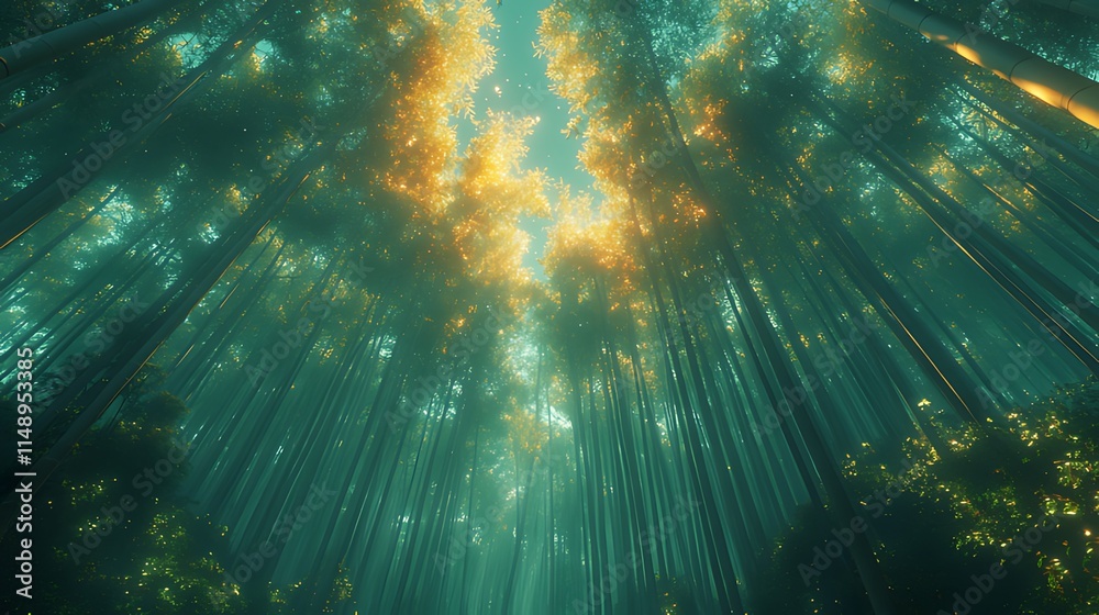 Fototapeta premium Sunbeams pierce dense bamboo forest, creating mystical atmosphere.