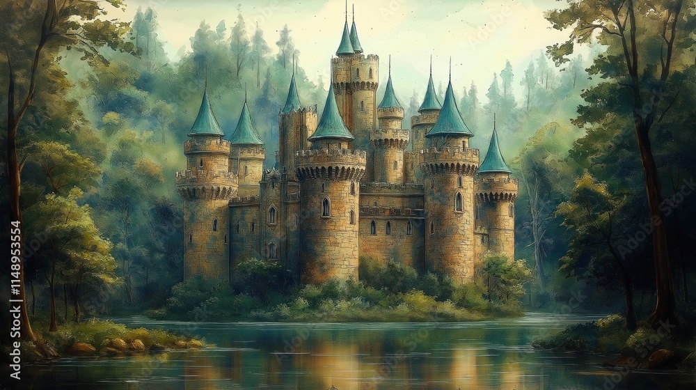 Obraz premium Enchanted castle sits on serene lake surrounded by mystical forest. Ancient architecture, fairytale charm create magical scene. Watercolor artistry brings dreamlike quality to landscape. Historical