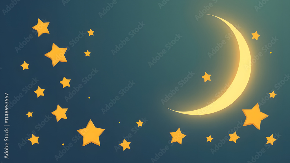 Fototapeta premium Celestial Night: Crescent Moon and Stars. A serene and dreamy illustration of a crescent moon and scattered stars against a dark teal night sky. Perfect for peaceful and calming designs. 