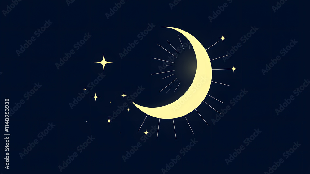 Naklejka premium Celestial Crescent Moon with Stars: A mystical crescent moon shines brightly against a dark blue night sky, adorned with sparkling stars and radiant beams of light.