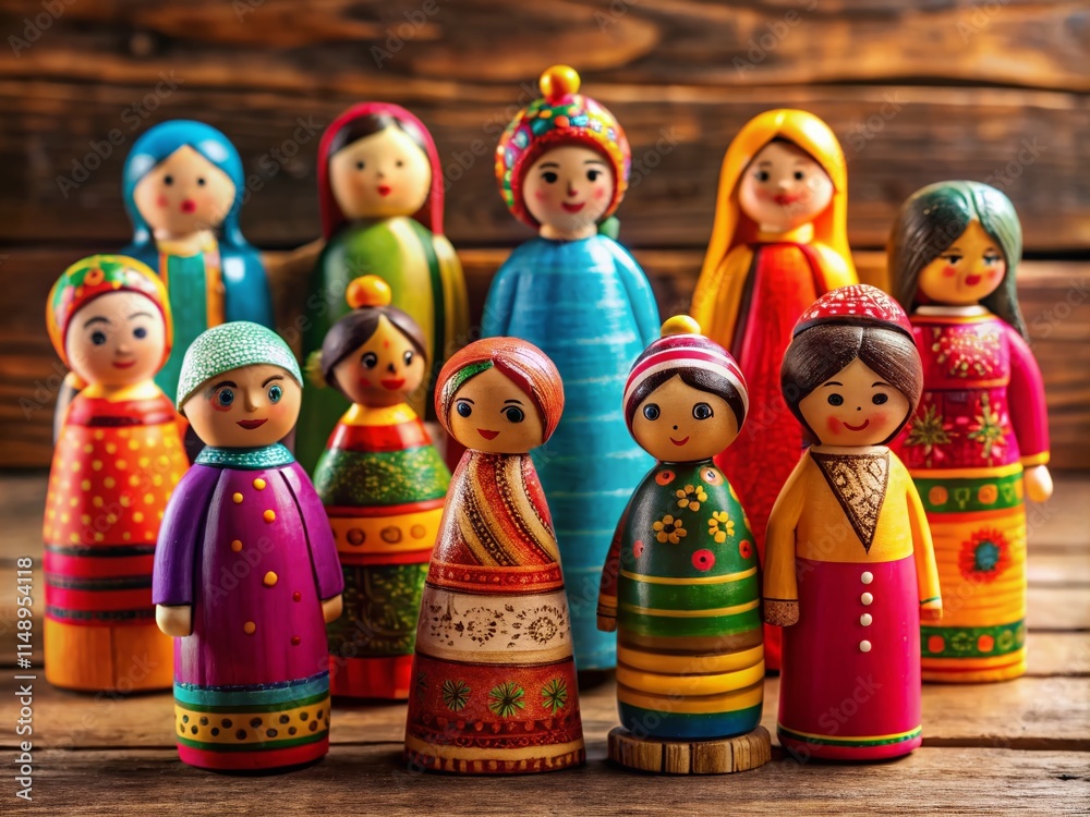 Diverse Colorful Wooden Dolls on Table - Inclusion & Diversity Concept Diverse Colorful Wooden Dolls on Table - Inclusion & Diversity Concept