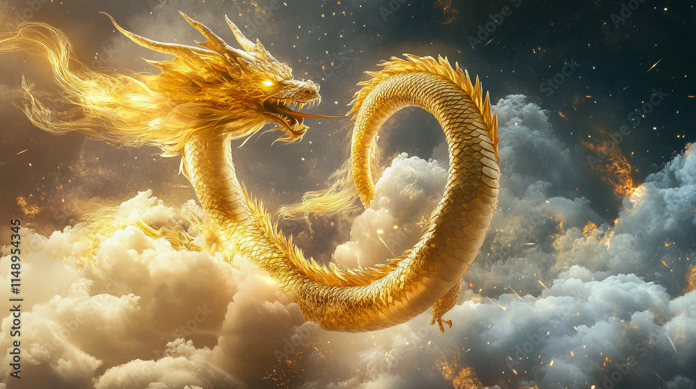Majestic golden dragon soaring through fiery clouds in a mythical sky Majestic golden dragon soaring through fiery clouds in a mythical sky