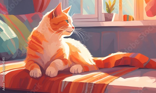 A warm scene with an orange cat resting on a colorful sofa. photo